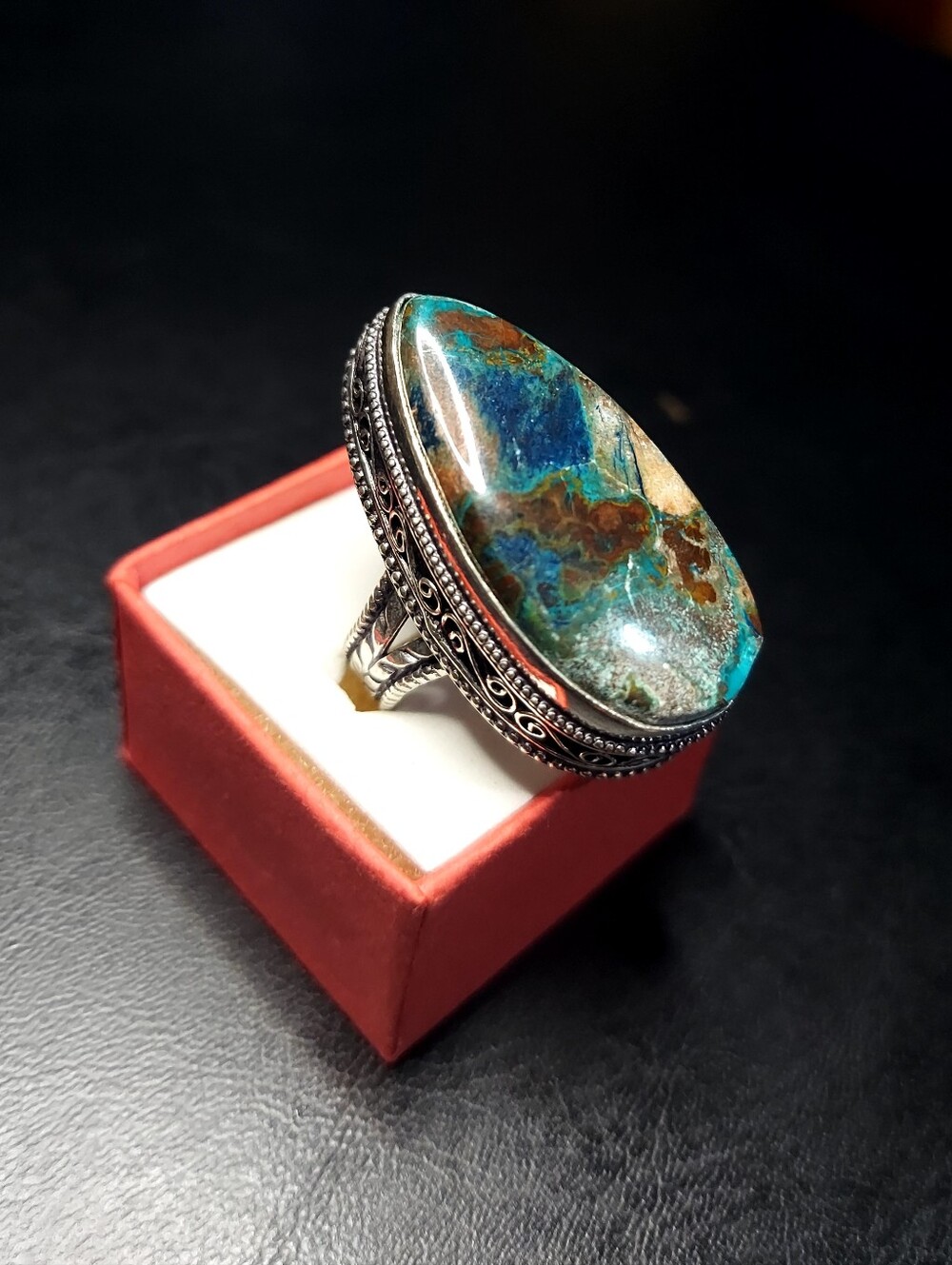 Handcrafted High-Profile Azurite Oversized Teardrop Ring (9.5)